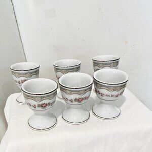 Noritake Porcelain Egg Cups Pink Roses Floral Silver Rim Set of 6 Japan Vintage